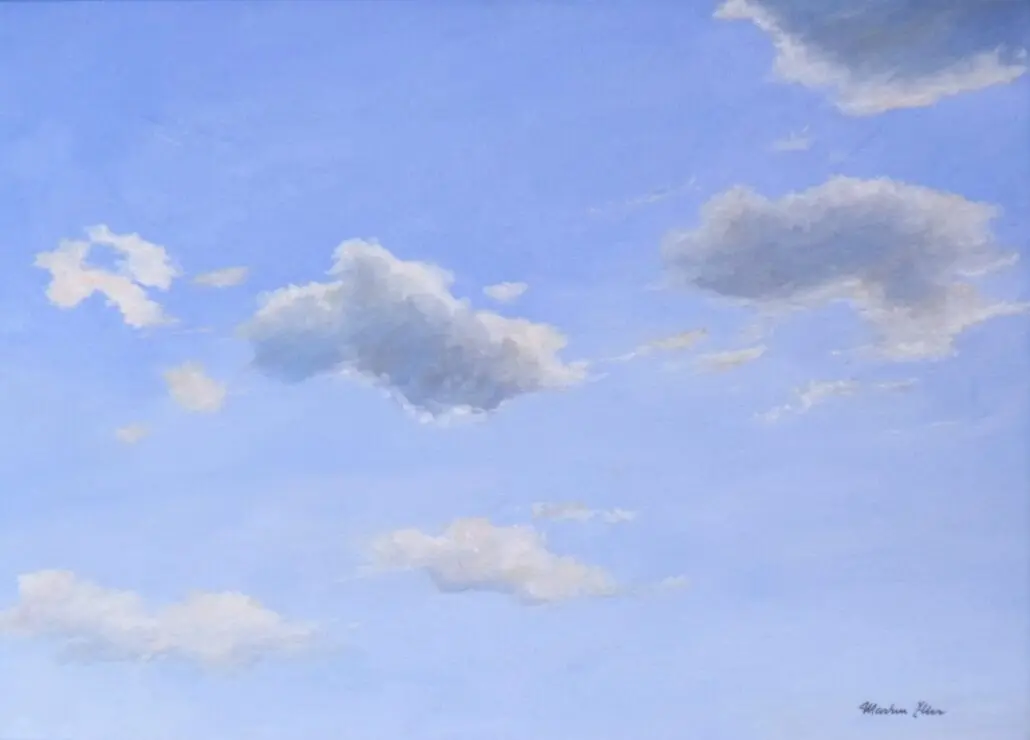 Himmelstudie, Öllasuren über Tempera-Grund, 2013. Matte Stellen auf Öl-Tempera-Gemälde: Es ist kaum möglich, ein in mehreren Lagen gemaltes Bild ohne matt eingeschlagene Stellen zu malen.