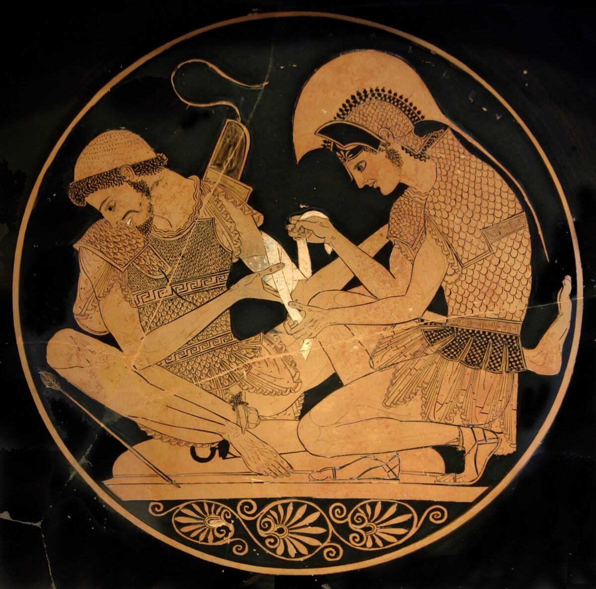Achilleus versorgt den verwundeten Patroklos