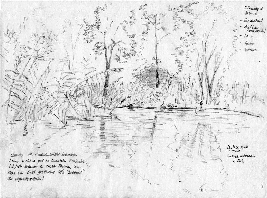 Wildweiher bei Horbach, Skizzenbuchseite vom 7. Oktober 1993, Graphit auf Papier