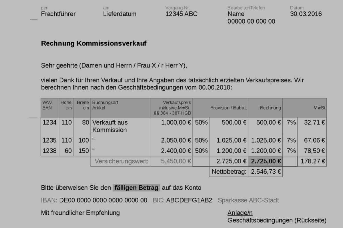 Kommissionsverkaufsrechnung DIN 676, Form A (Detail), Entwurf von Martin Eller