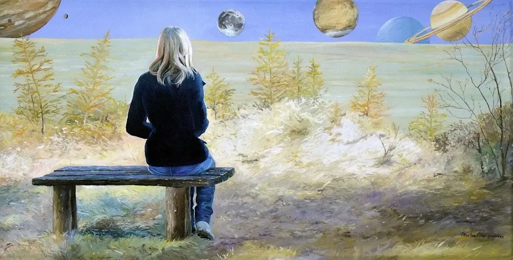 MÄDCHEN BEI BETRACHTUNG DES MONDES von Martin Eller, Werkverzechnis 1886 aus 2011 Öl über Tempera auf Leinwand 60 x 120 cm (ausgestellt)