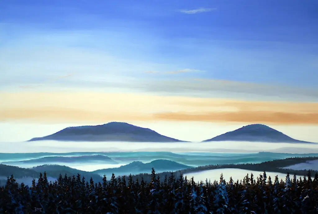 SOLEIL LEVANT, Gleichberge vu de l'est, Gemälde von Martin Eller, Öl a. Leinwand 110 x 150 cm, WVZ 11-25, Nr. 1937