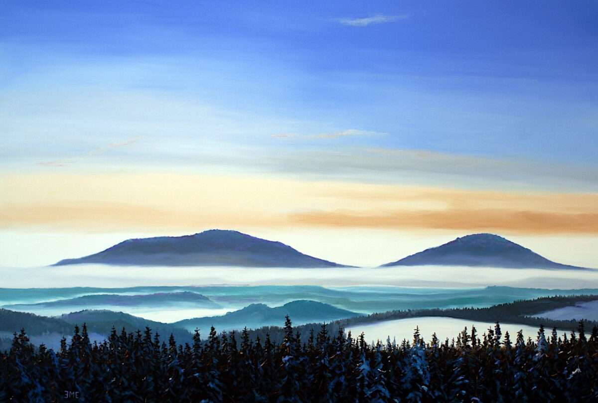 SOLEIL LEVANT, Gleichberge vu de l'est, Gemälde von Martin Eller, Öl a. Leinwand 110 x 150 cm, WVZ 11-25, Nr. 1937