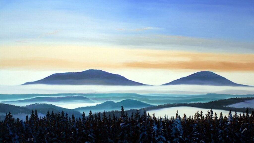 SOLEIL LEVANT, Gleichberge vu de l'est, Gemälde von Martin Eller, Öl a. Leinwand 110 x 150 cm, WVZ 11-25, Nr. 1937