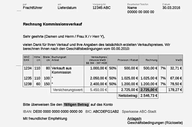 Kommissionsverkaufsrechnung DIN 676, Form A (Detail), Entwurf von Martin Eller